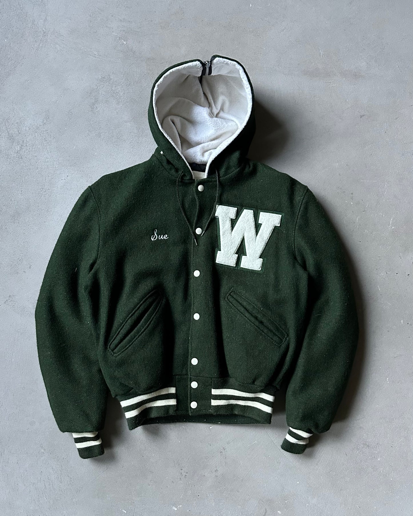 Années 80 - Blouson Teddy en laine verte Walsh - T. S