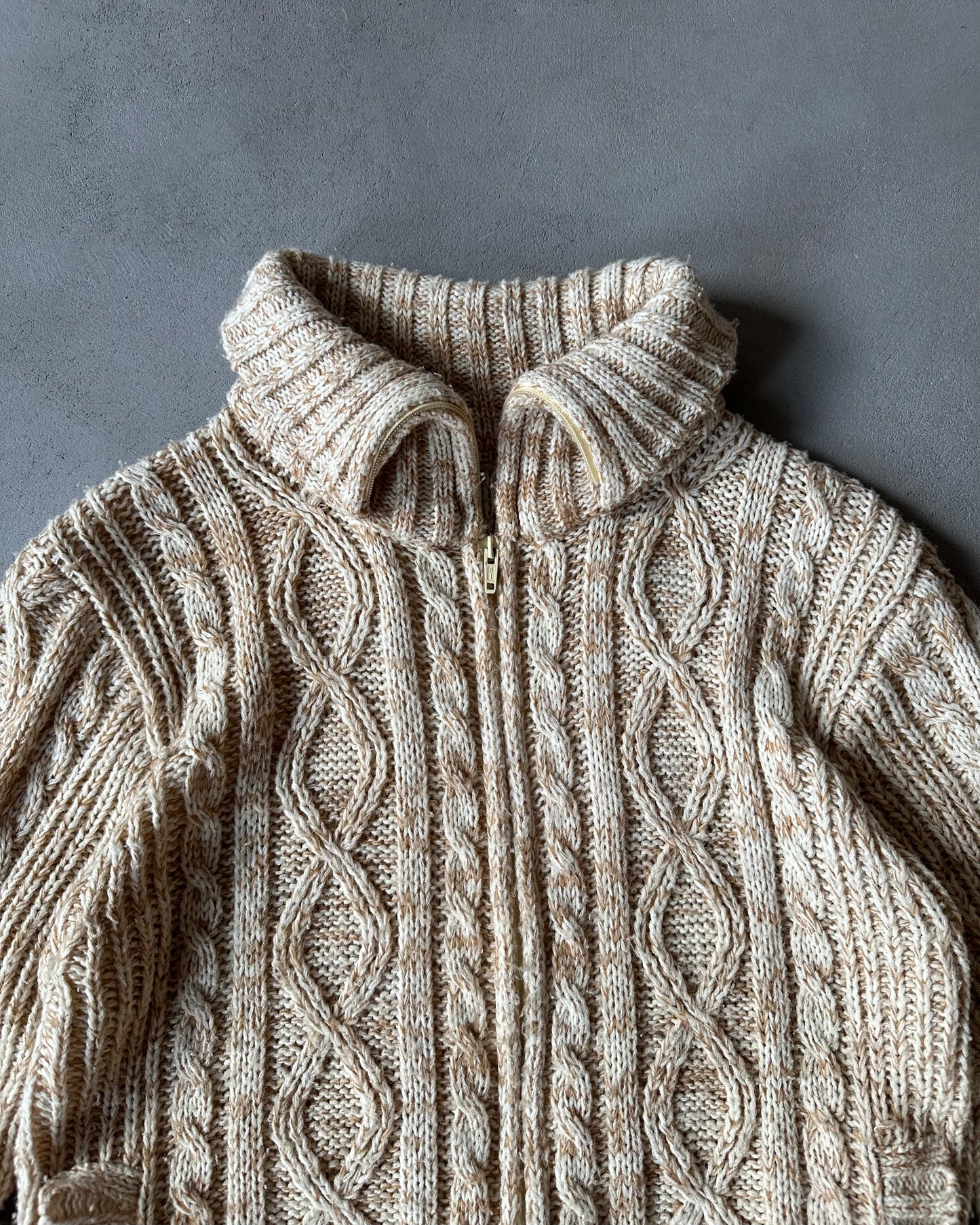 1980s - Oatmeal Cableknit Zip Up Sweater - S