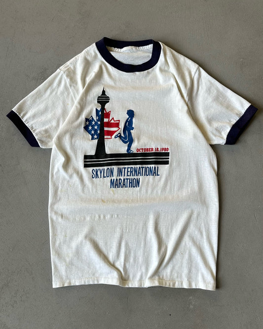 1980s - White/Navy Skylon Ringer T-Shirt - S