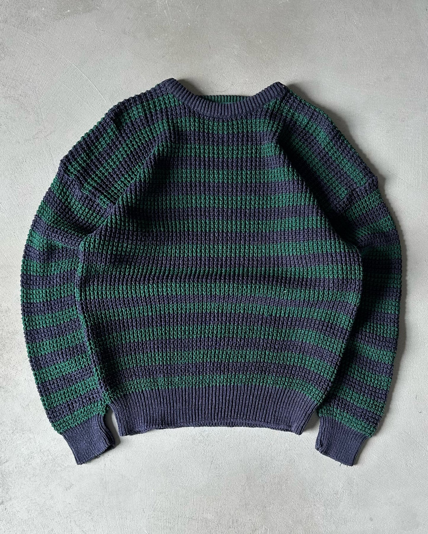 1990s - Navy/Green Striped Cotton Sweater - M/L