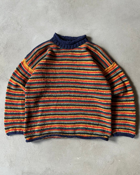 1990s - Navy/Multi Striped Wool Rollneck Sweater - M
