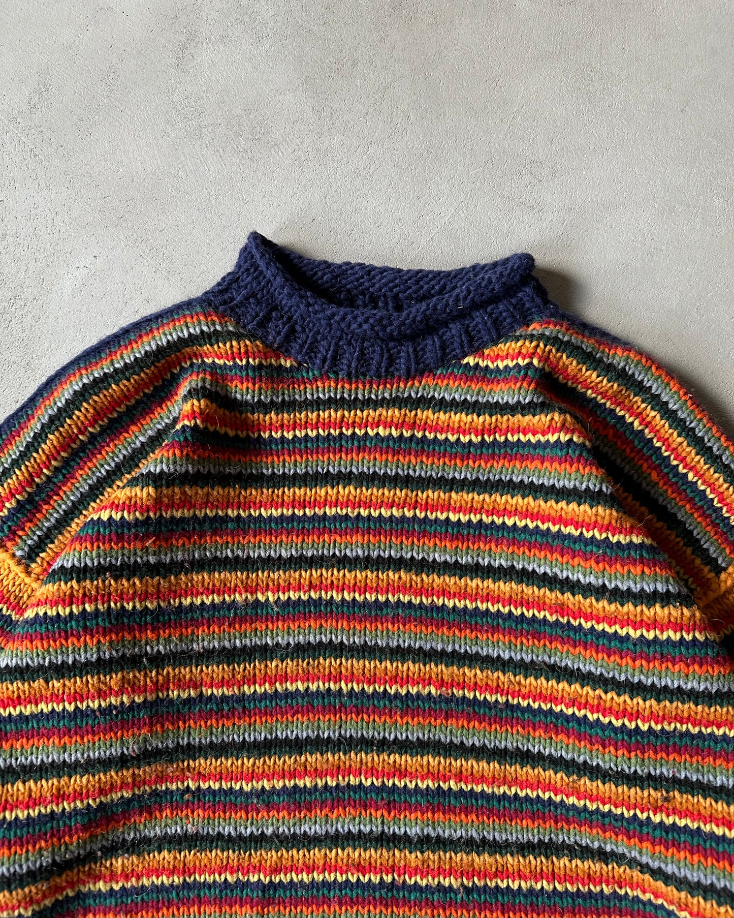 1990s - Navy/Multi Striped Wool Rollneck Sweater - M