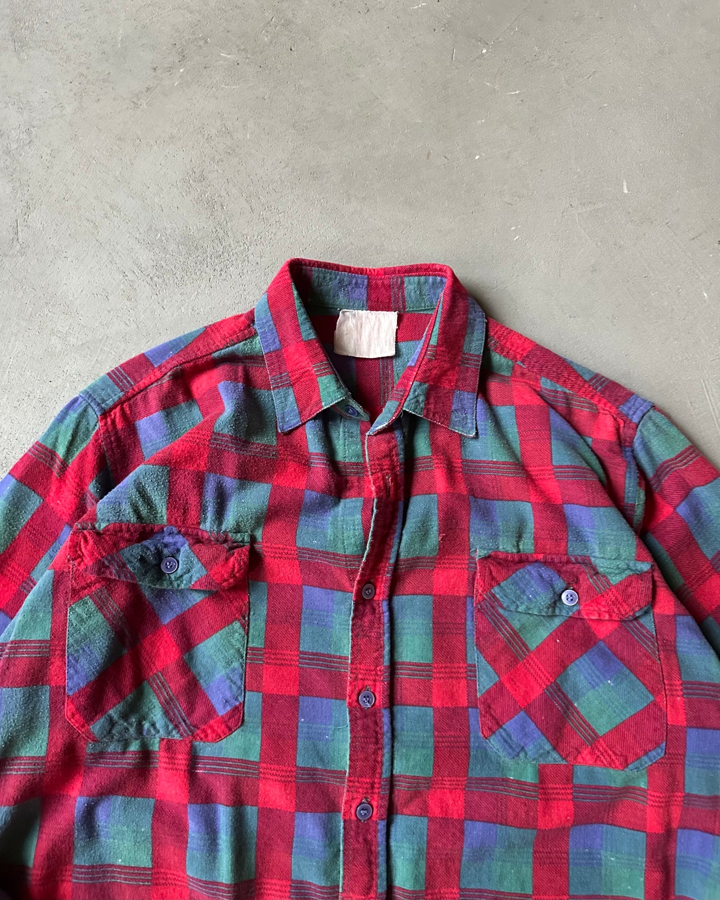 1970s - Distressed Red/Green Plaid Flannel - S/M