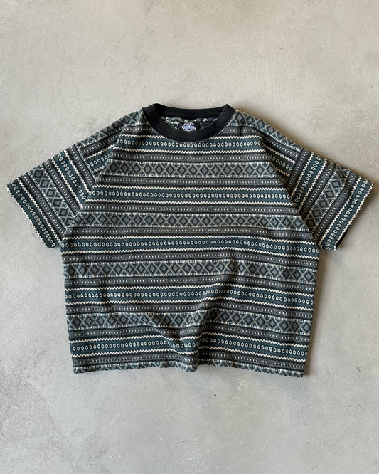 1990s - Green/Black Fair Isle Cropped T-Shirt - M/L