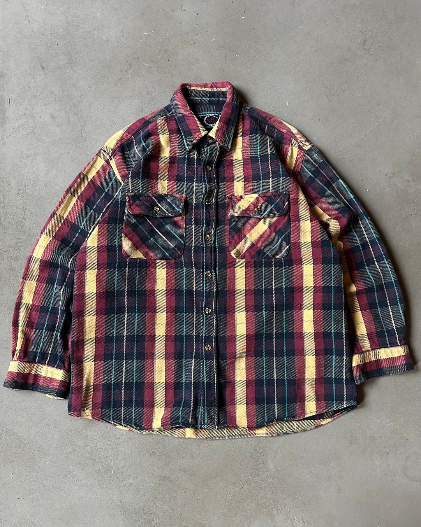 1990s - Plum/Yellow Plaid Flannel - L
