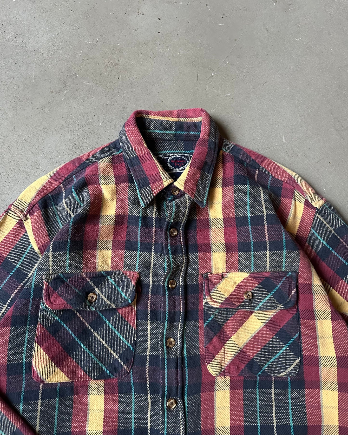 1990s - Plum/Yellow Plaid Flannel - L