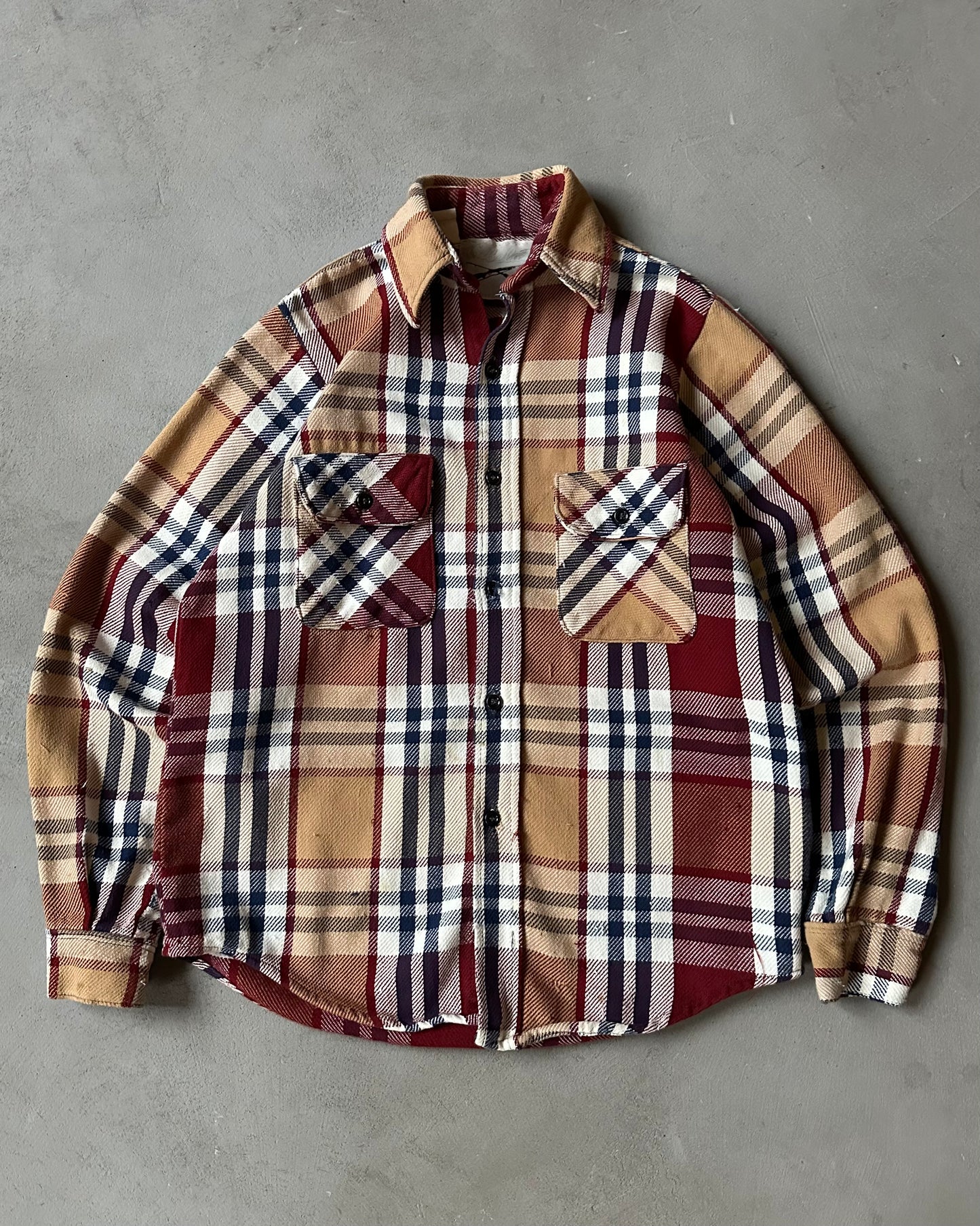 1990s - Distressed Tan/Burgundy Plaid Flannel - XS/S