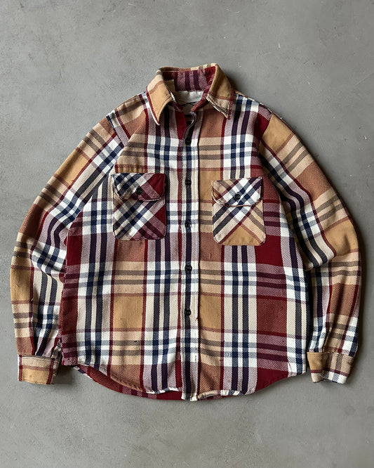 1990s - Distressed Tan/Burgundy Plaid Flannel - XS/S