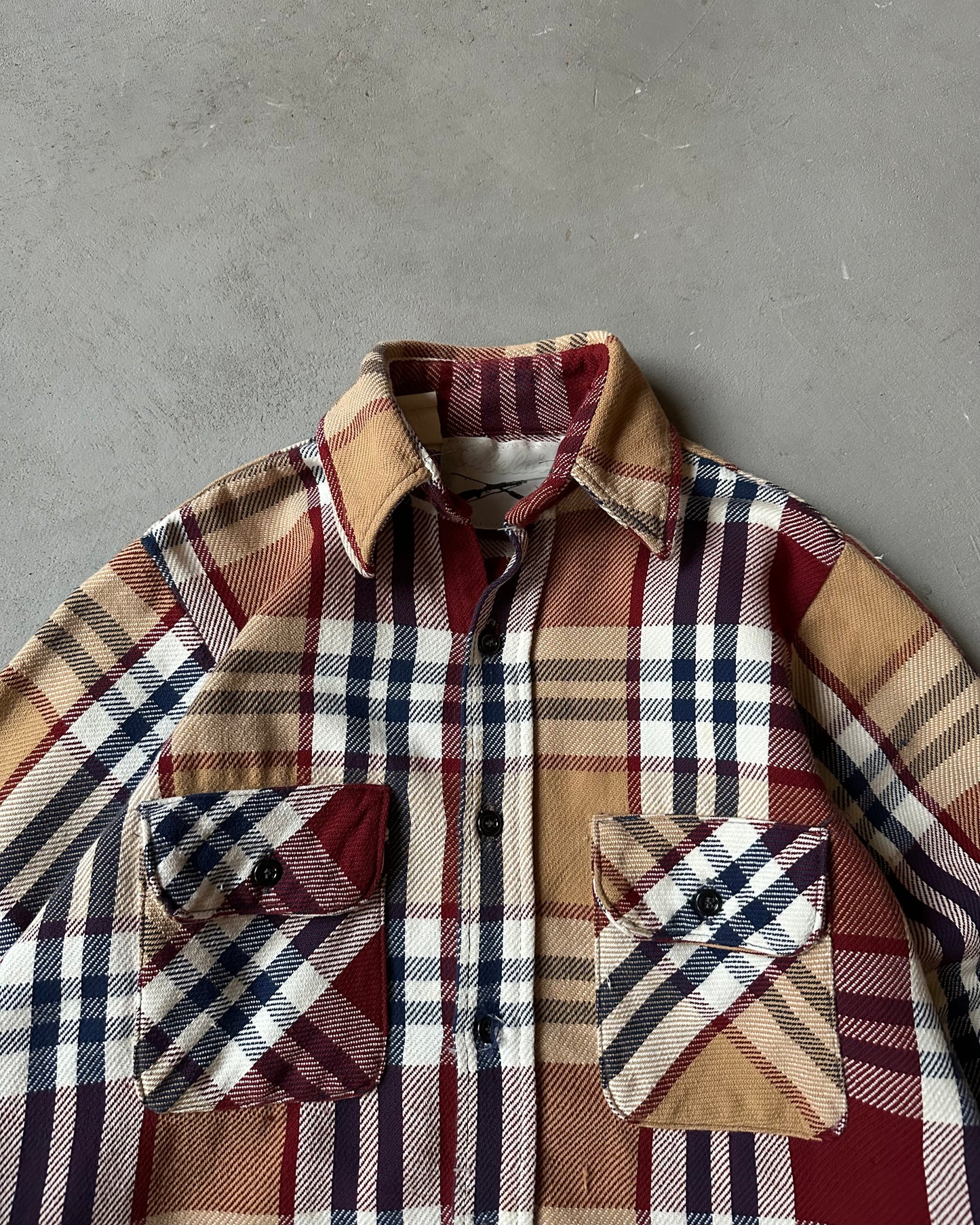 1990s - Distressed Tan/Burgundy Plaid Flannel - XS/S
