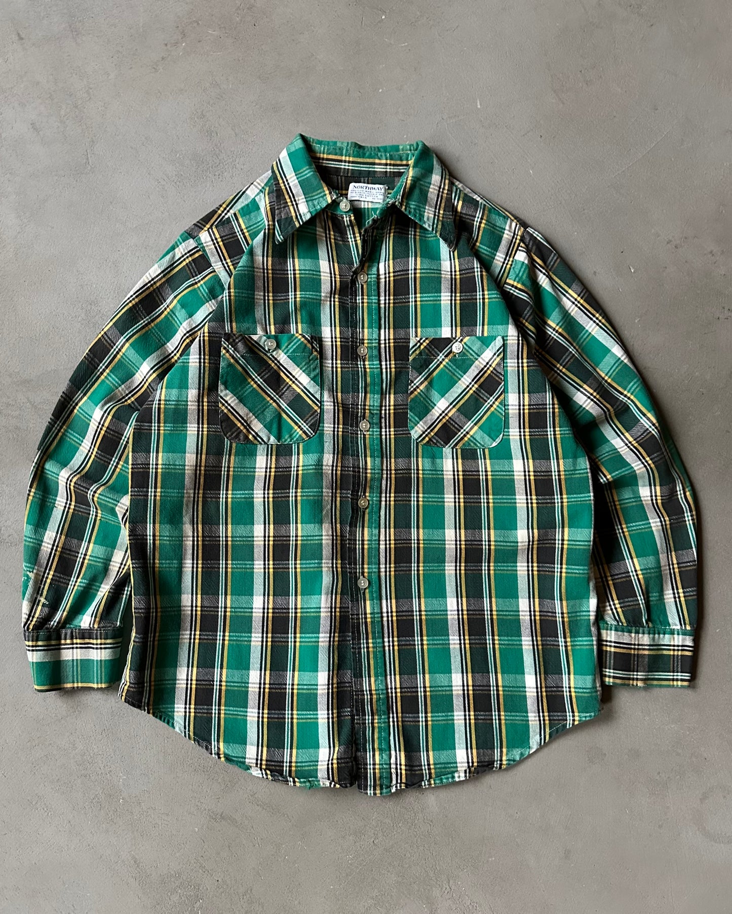 1970s - Distressed Green/Yellow Plaid Flannel - S/M