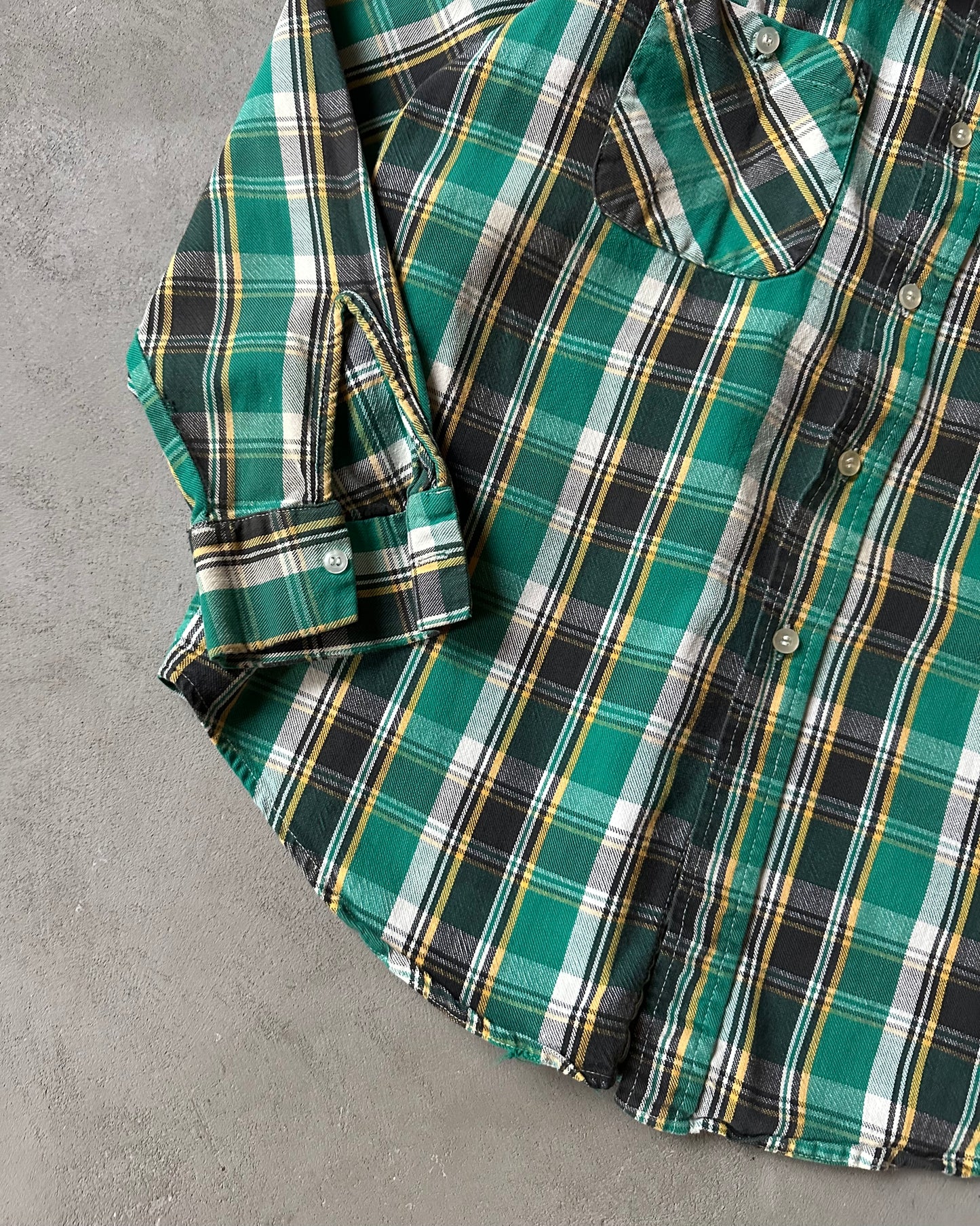 1970s - Distressed Green/Yellow Plaid Flannel - S/M