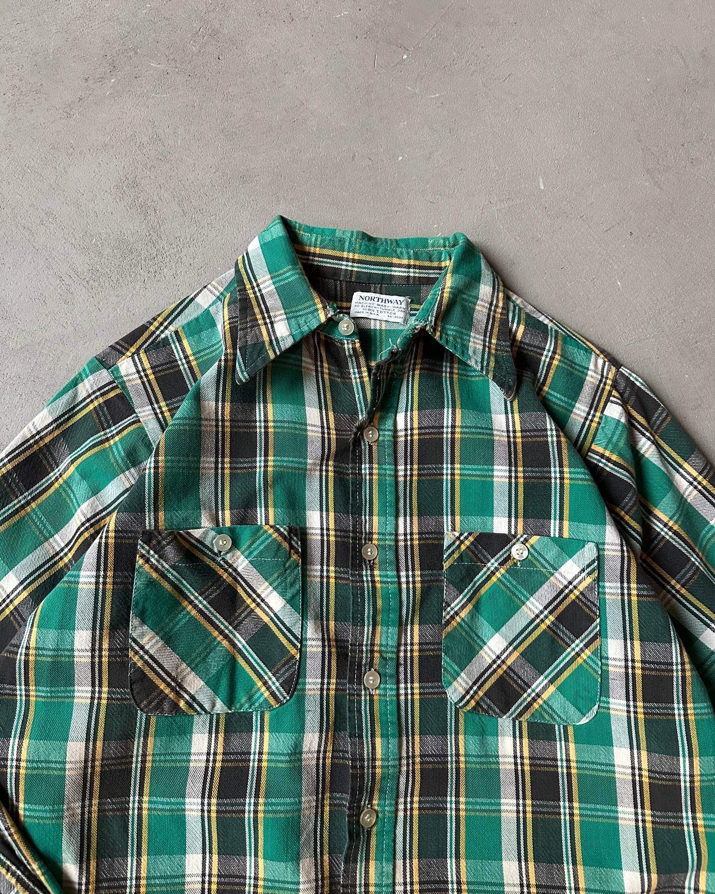 1970s - Distressed Green/Yellow Plaid Flannel - S/M
