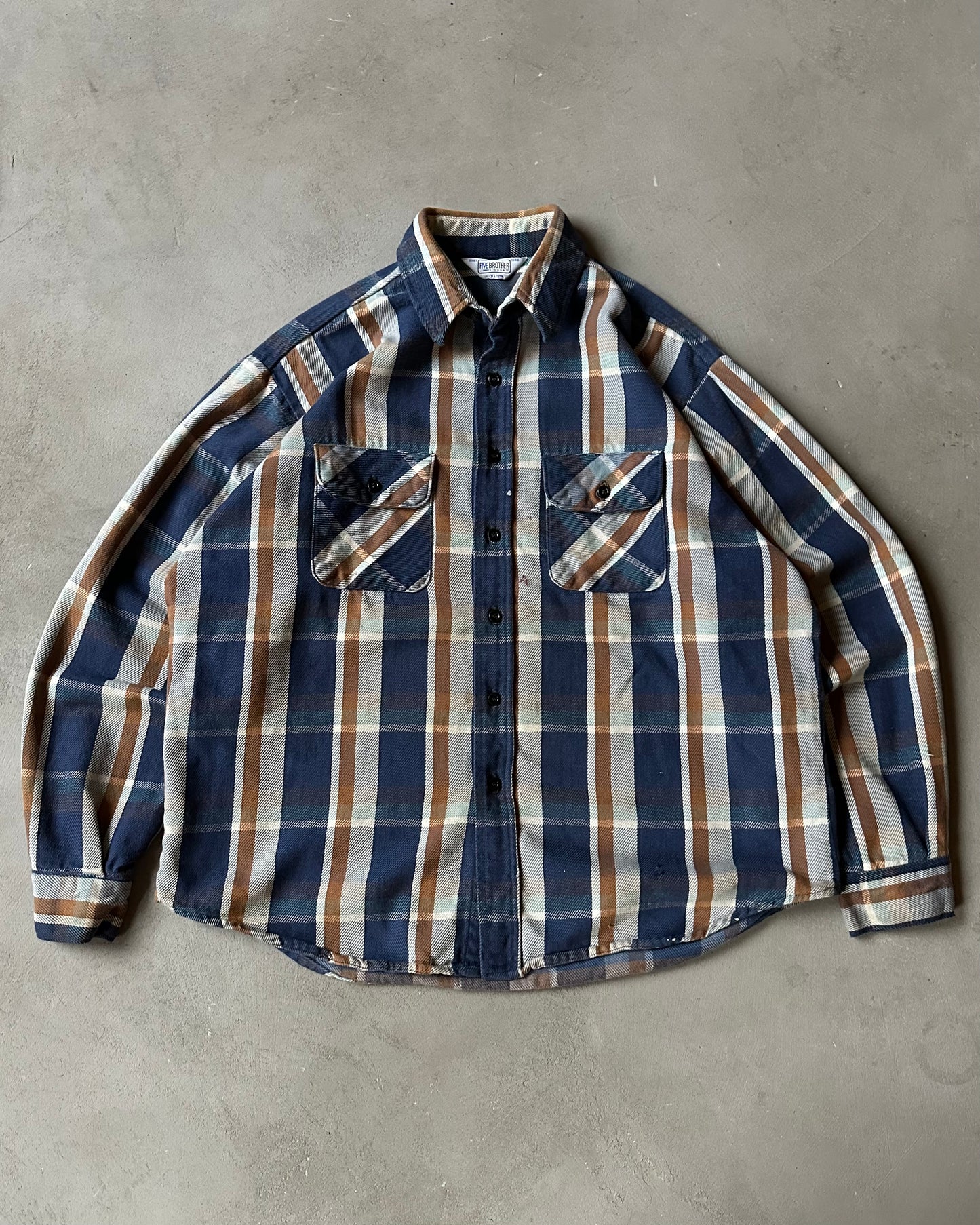 1980s - Distressed Navy/Brown Five Brother Plaid Flannel - L