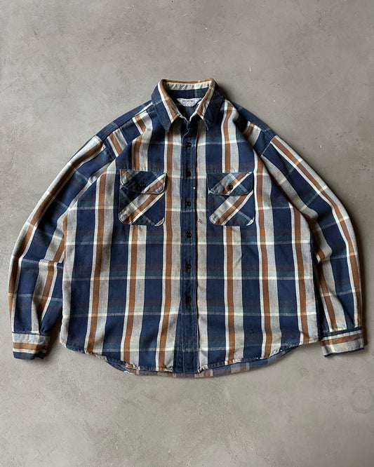 1980s - Distressed Navy/Brown Five Brother Plaid Flannel - L