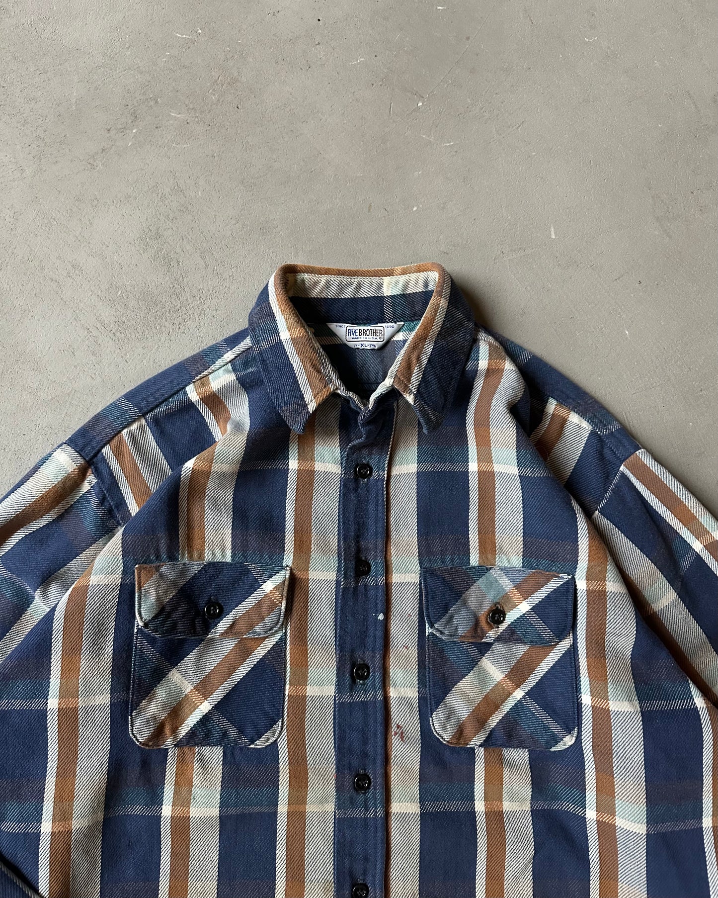 1980s - Distressed Navy/Brown Five Brother Plaid Flannel - L