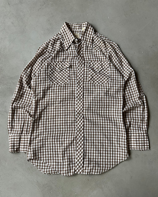 1970s - Brown/Cream LEE Gingham Pearl Snap Shirt - M/L