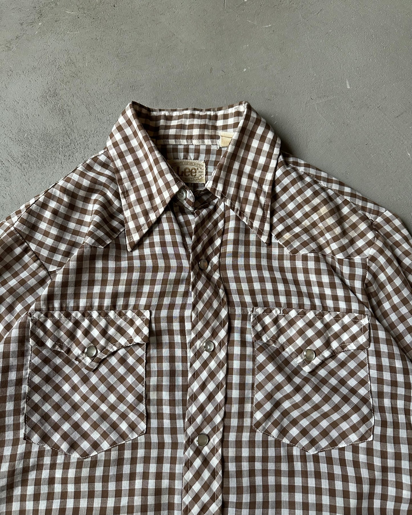 1970s - Brown/Cream LEE Gingham Pearl Snap Shirt - M/L