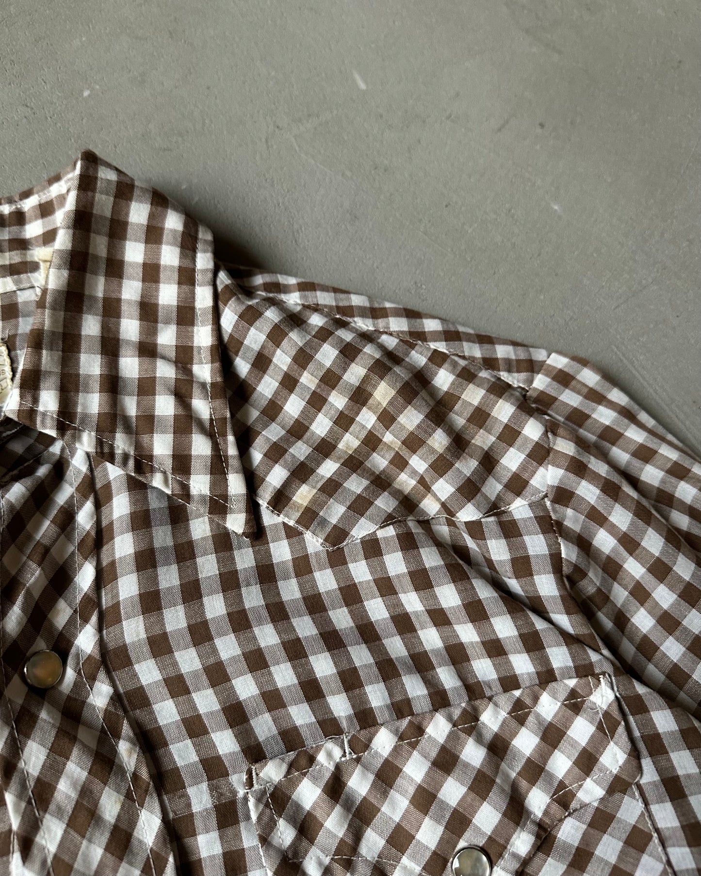 1970s - Brown/Cream LEE Gingham Pearl Snap Shirt - M/L