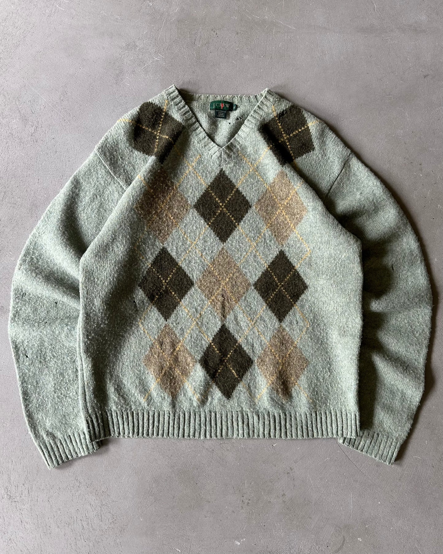 1990s - Distressed Mint J.Crew Argyle Sweater - XL