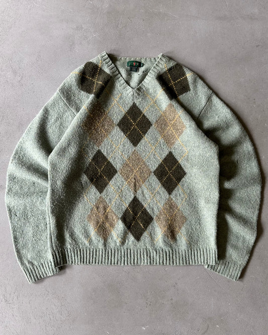 1990s - Distressed Mint J.Crew Argyle Sweater - XL