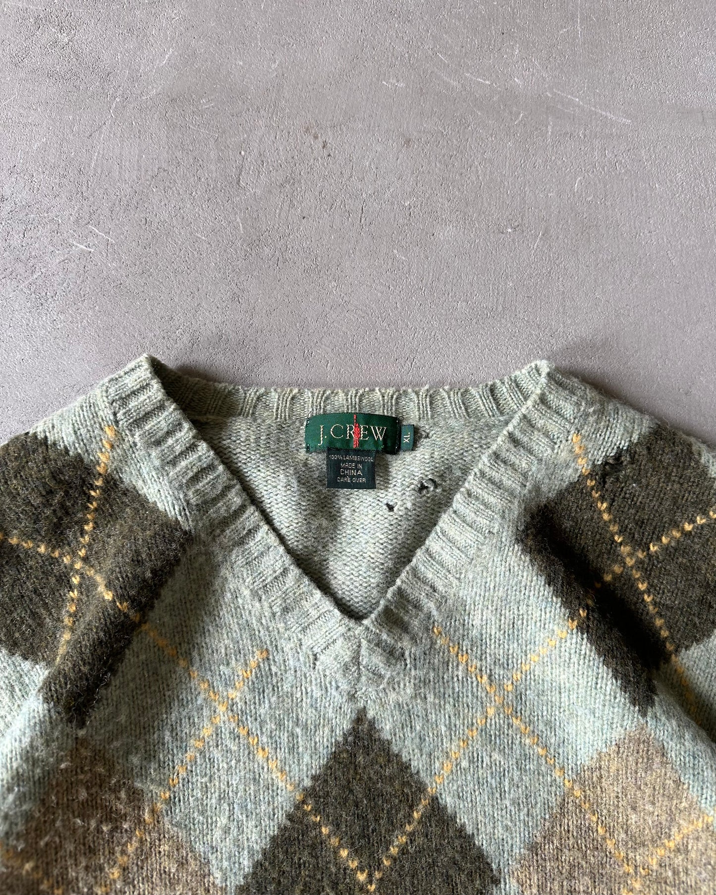 1990s - Distressed Mint J.Crew Argyle Sweater - XL