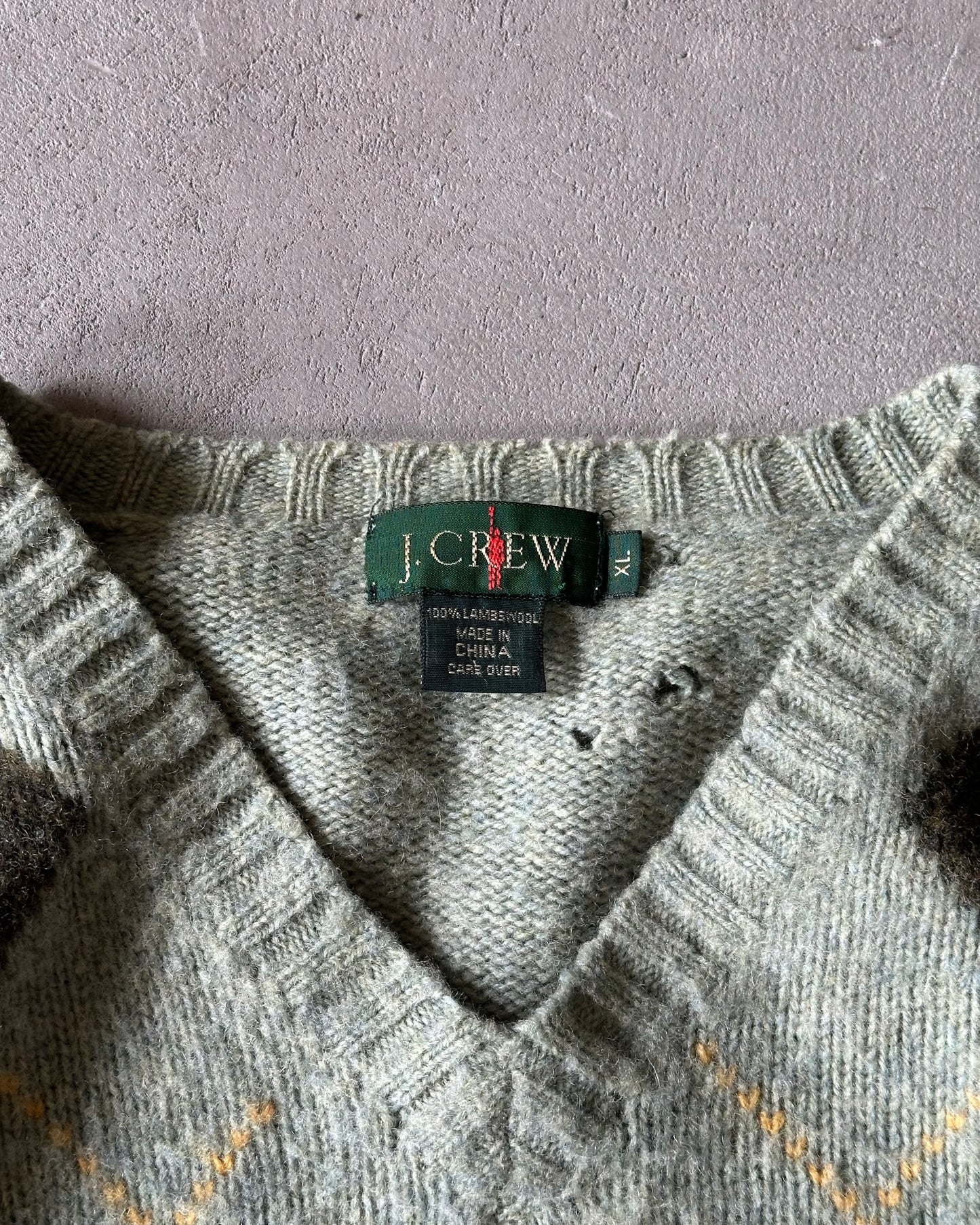1990s - Distressed Mint J.Crew Argyle Sweater - XL