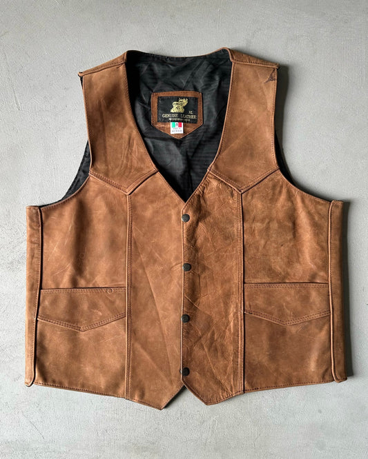 1990s - Brown Leather Vest - L/XL