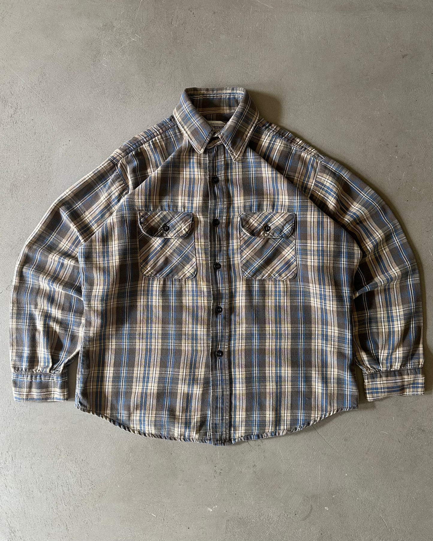 1980s - Blue/Beige Five Brother Plaid Flannel - M