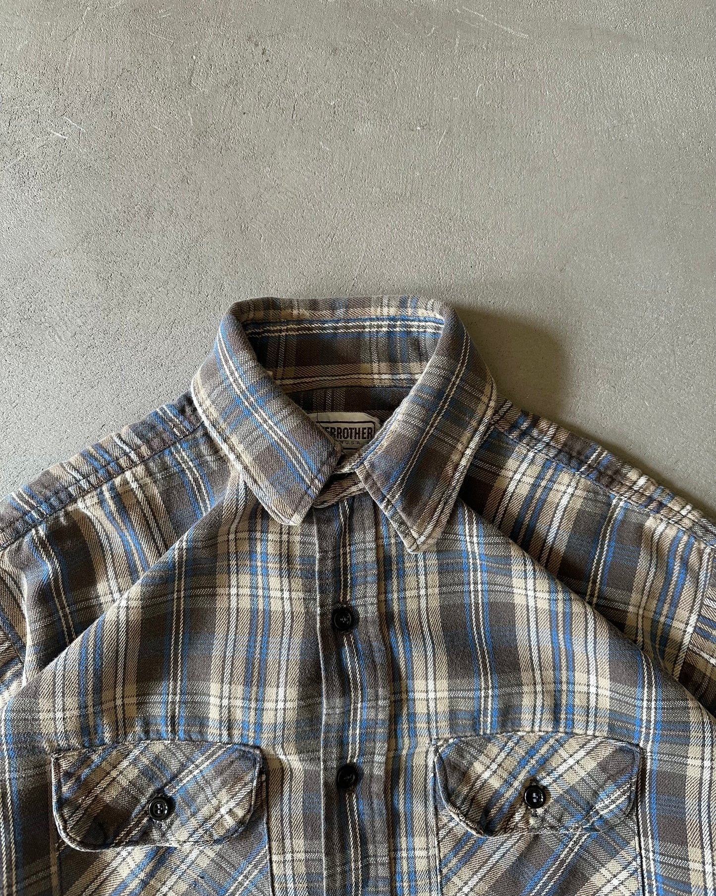 1980s - Blue/Beige Five Brother Plaid Flannel - M