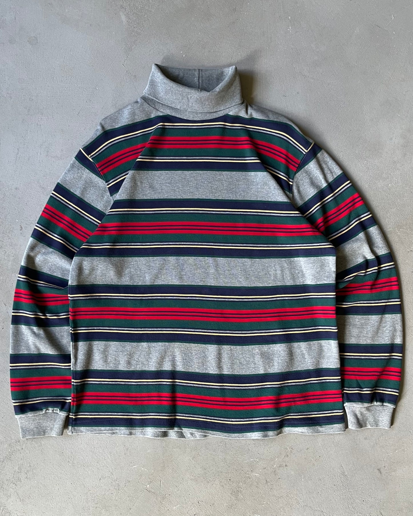 1990s - Grey/Navy Lands'End Striped Turtleneck - M/L