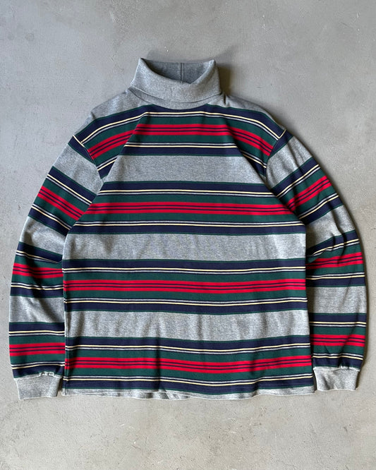 1990s - Grey/Navy Lands'End Striped Turtleneck - M/L