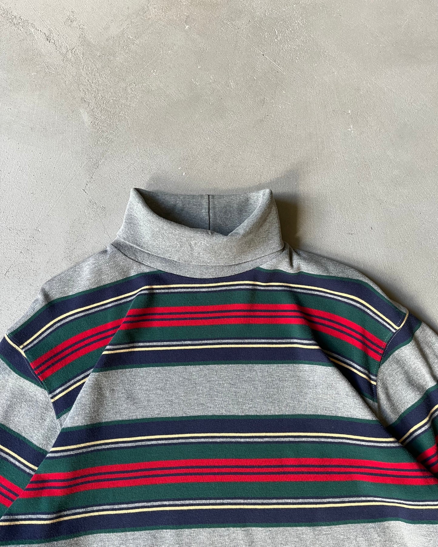 1990s - Grey/Navy Lands'End Striped Turtleneck - M/L