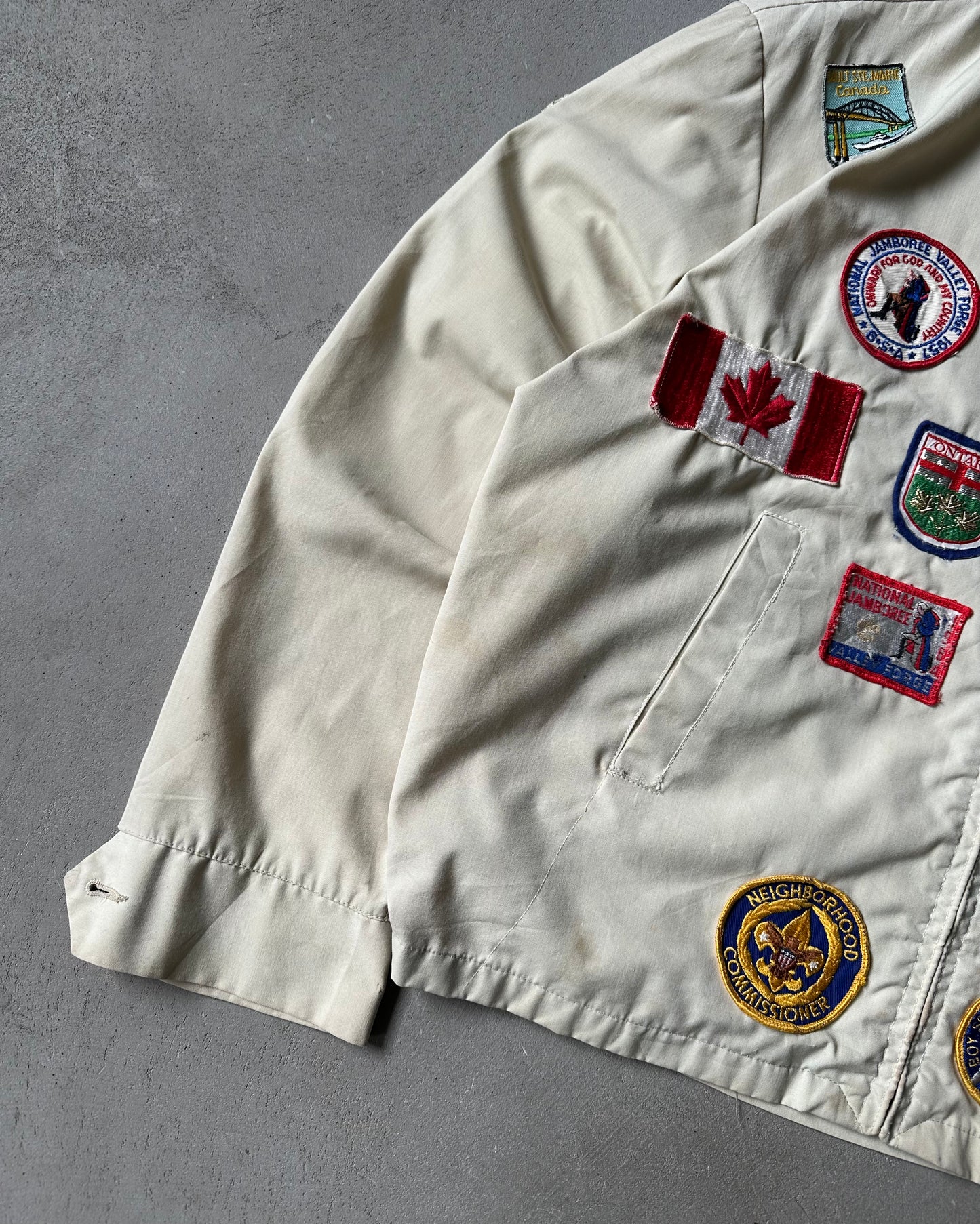 1980s - Distressed Cream Patchwork Harrington Jacket - M