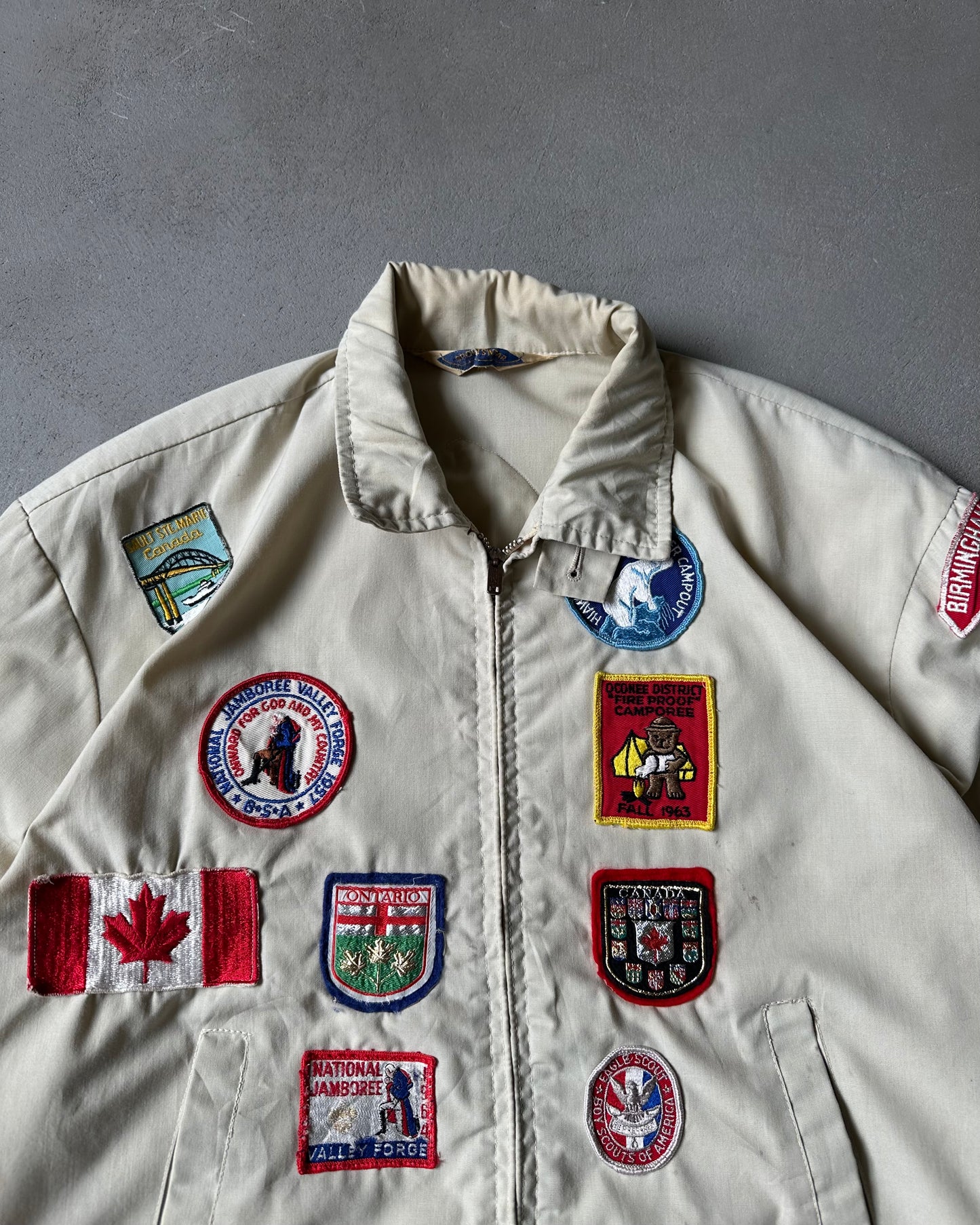 1980s - Distressed Cream Patchwork Harrington Jacket - M