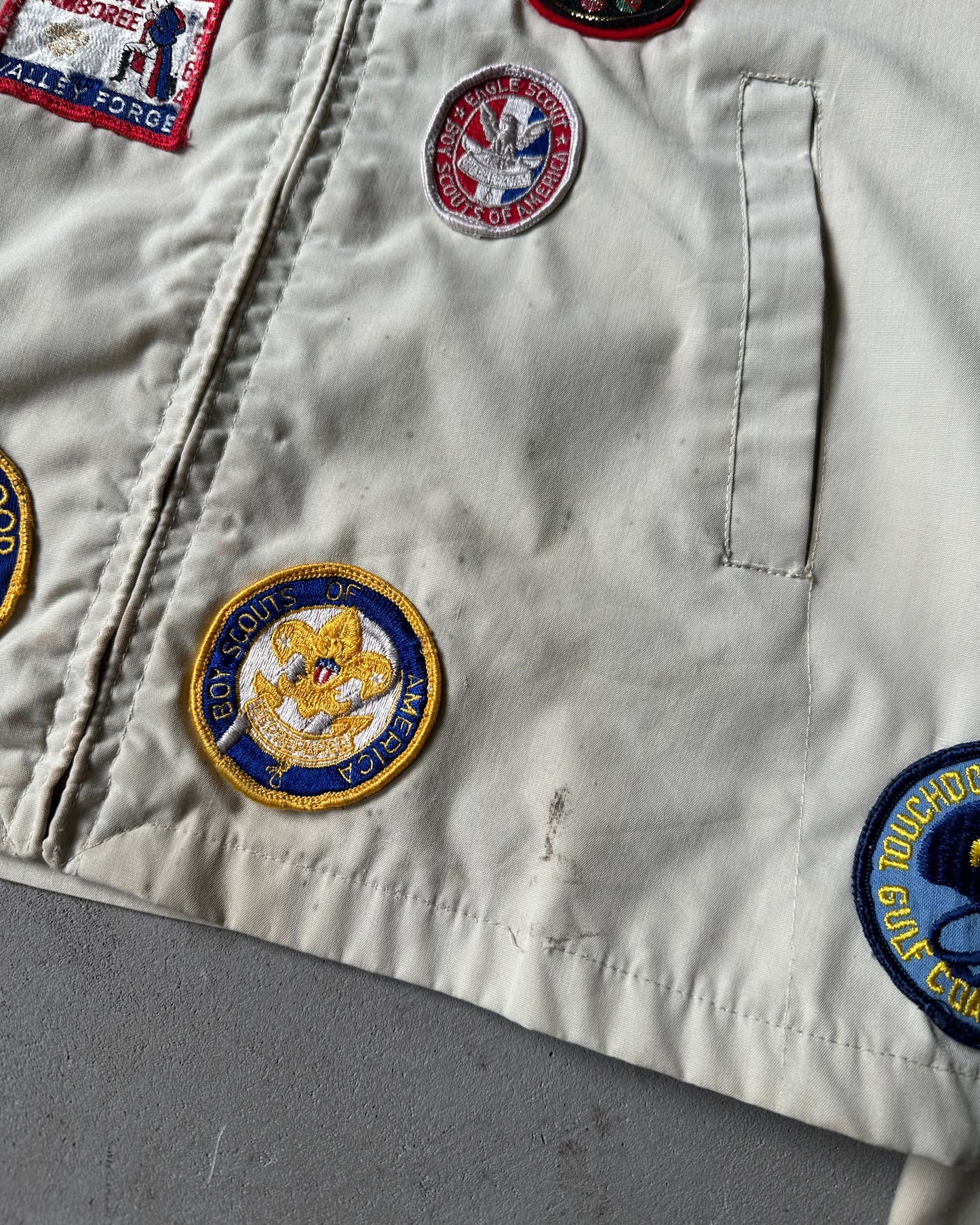1980s - Distressed Cream Patchwork Harrington Jacket - M