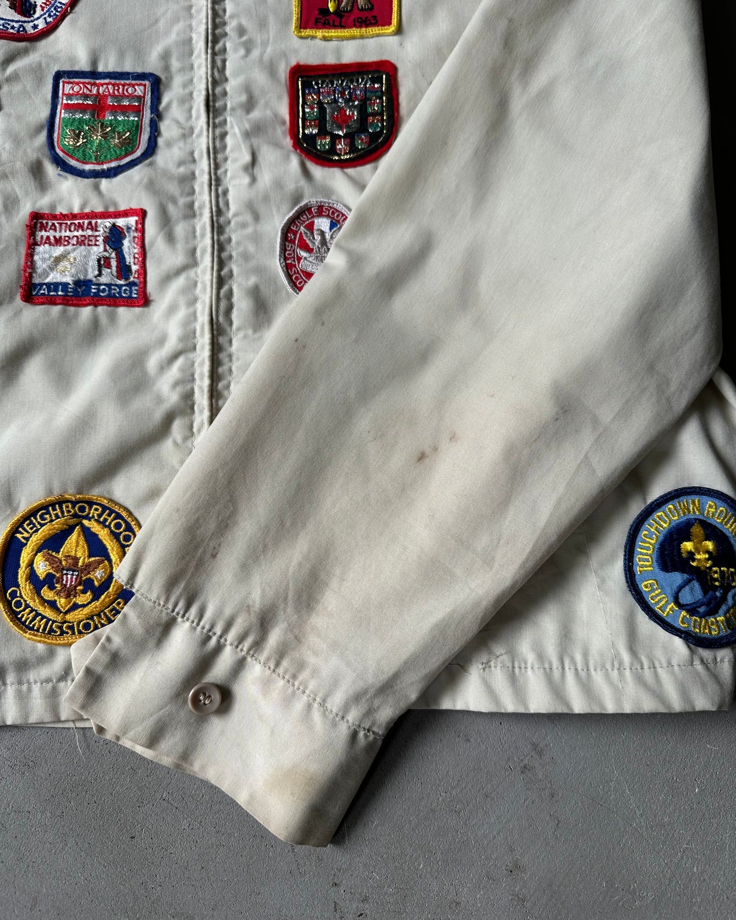 1980s - Distressed Cream Patchwork Harrington Jacket - M