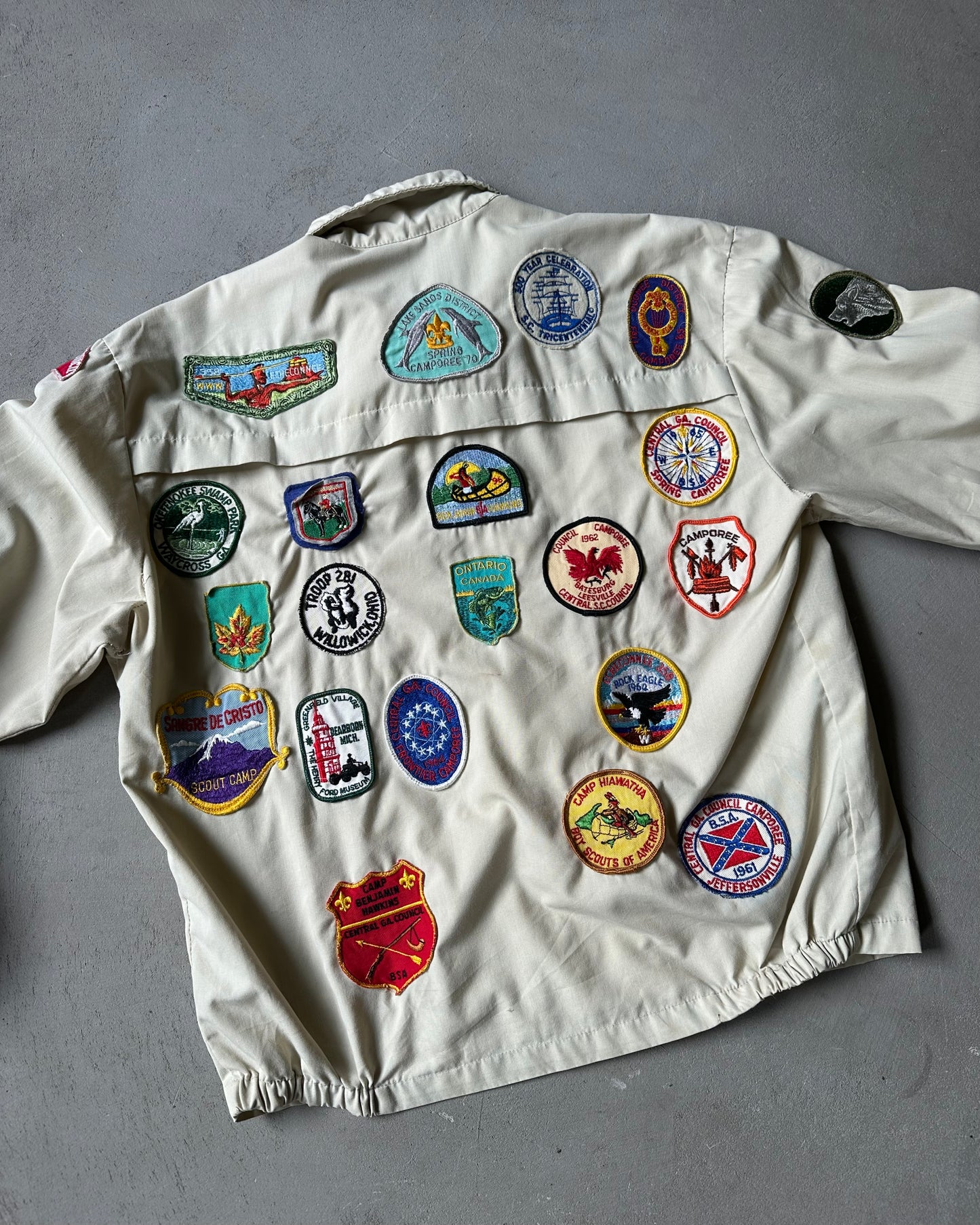 1980s - Distressed Cream Patchwork Harrington Jacket - M