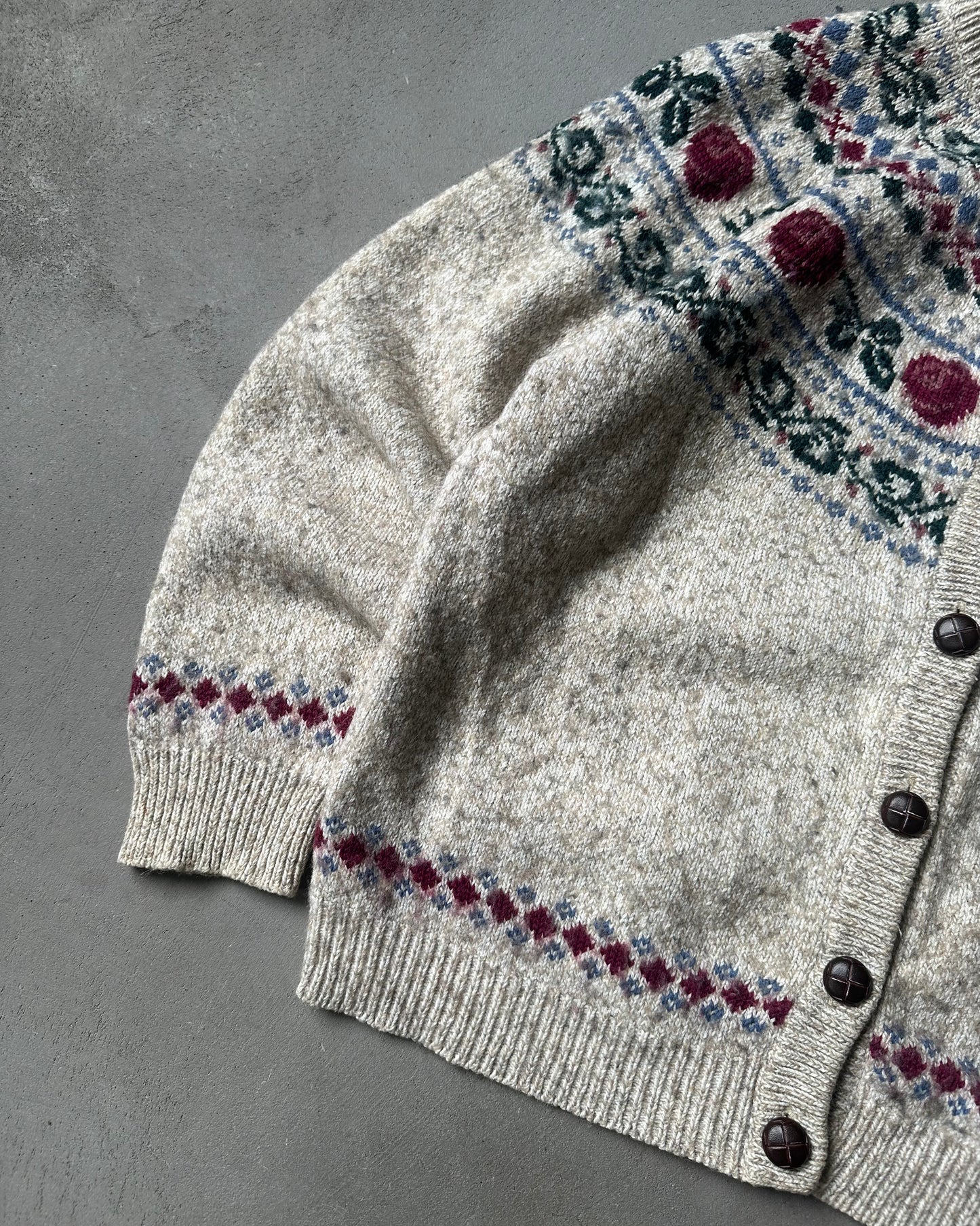 1990s - Oatmeal Women's Floral Cardigan - (W)S/M