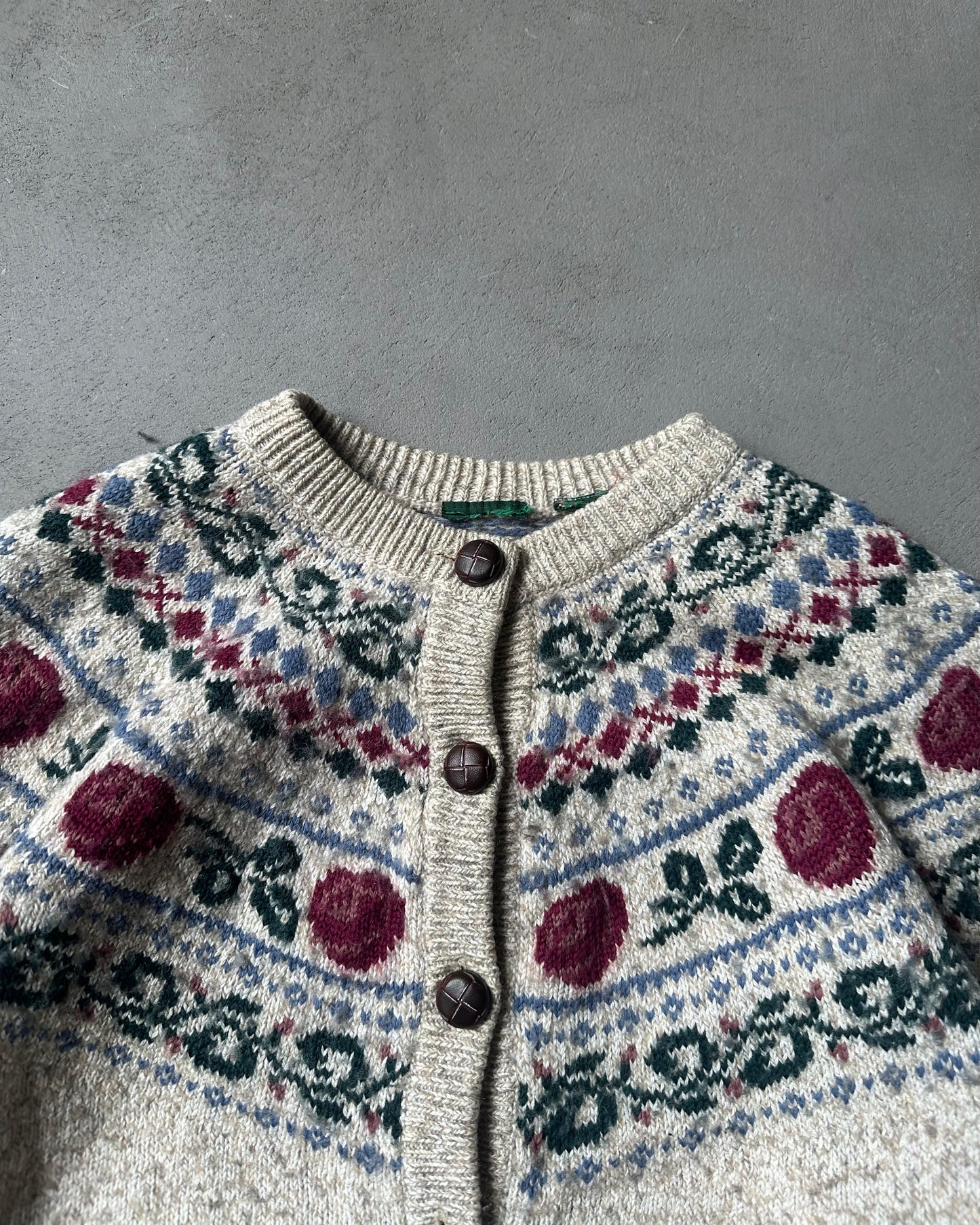 1990s - Oatmeal Women's Floral Cardigan - (W)S/M