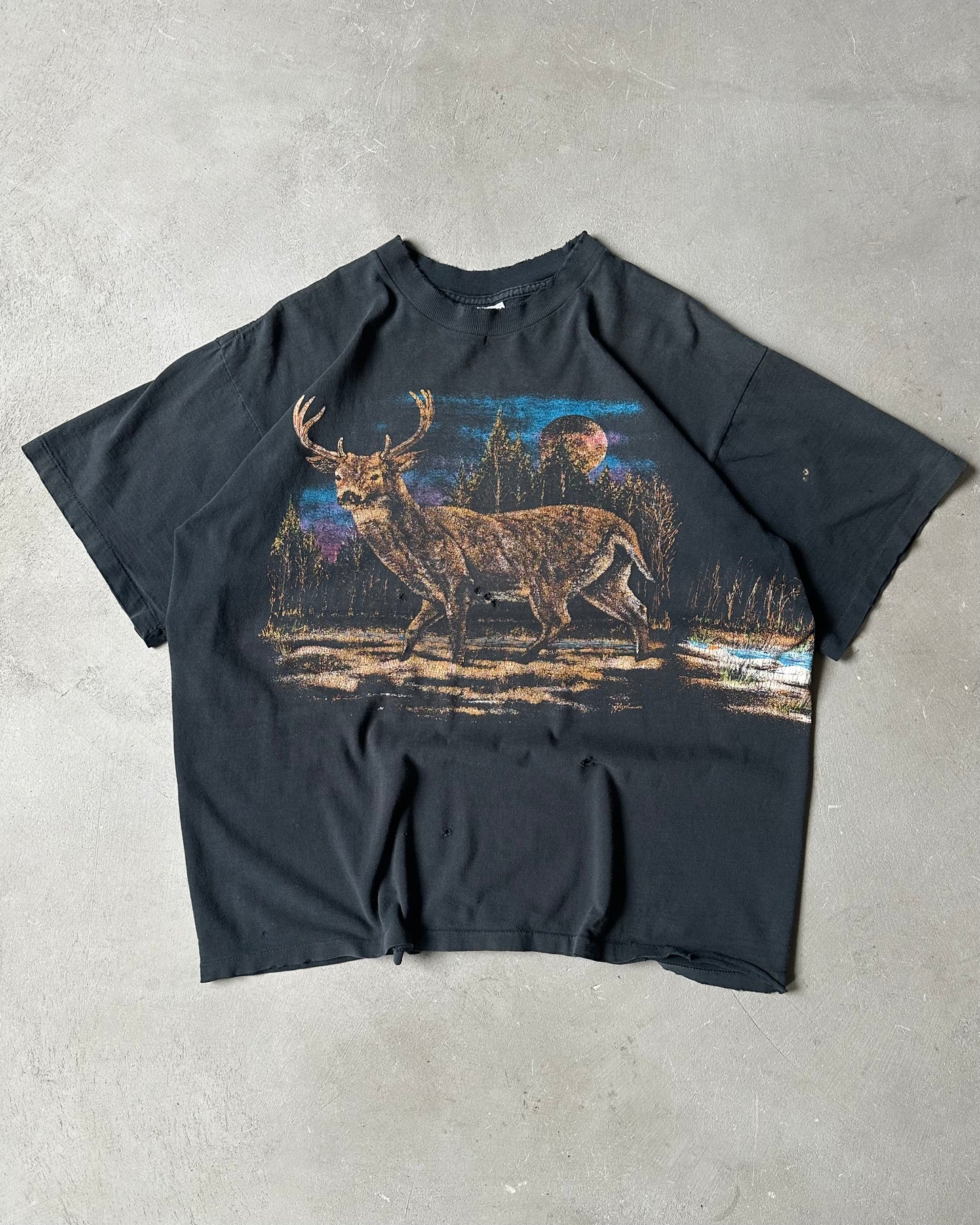 1990s - Distressed Black Deer T-Shirt - L/XL