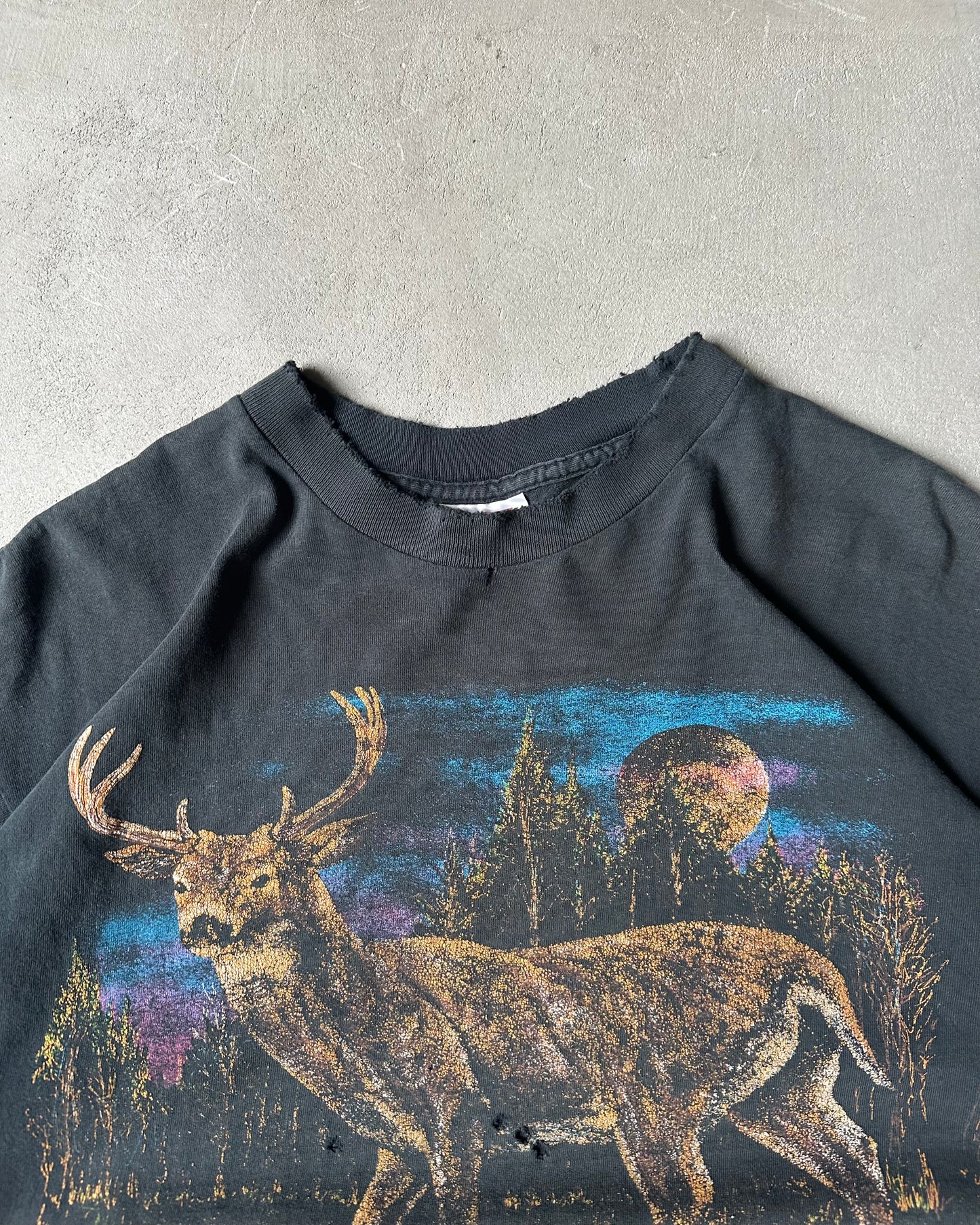 1990s - Distressed Black Deer T-Shirt - L/XL