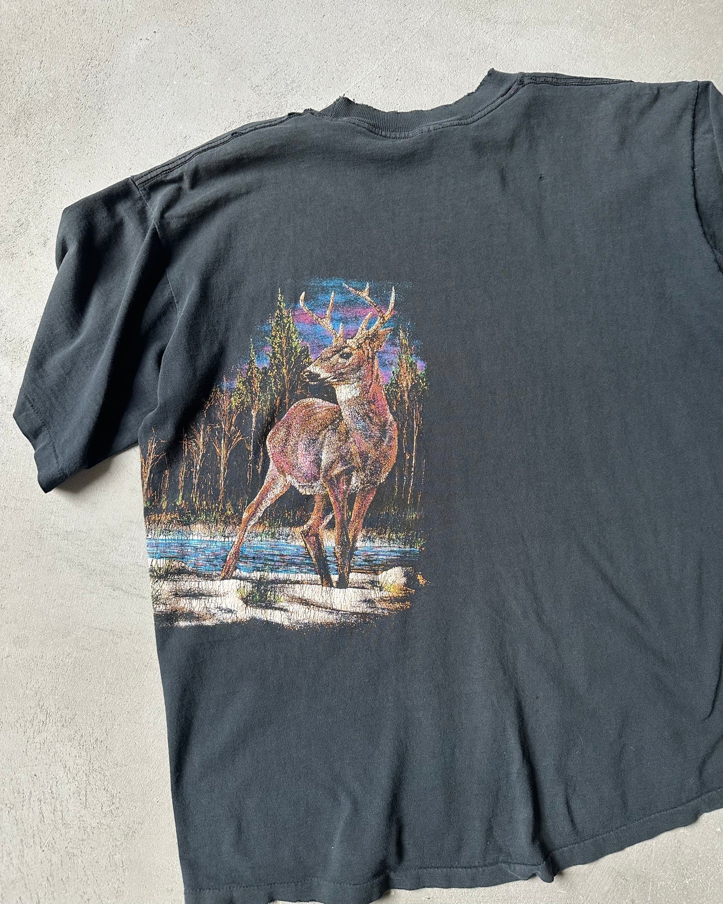 1990s - Distressed Black Deer T-Shirt - L/XL