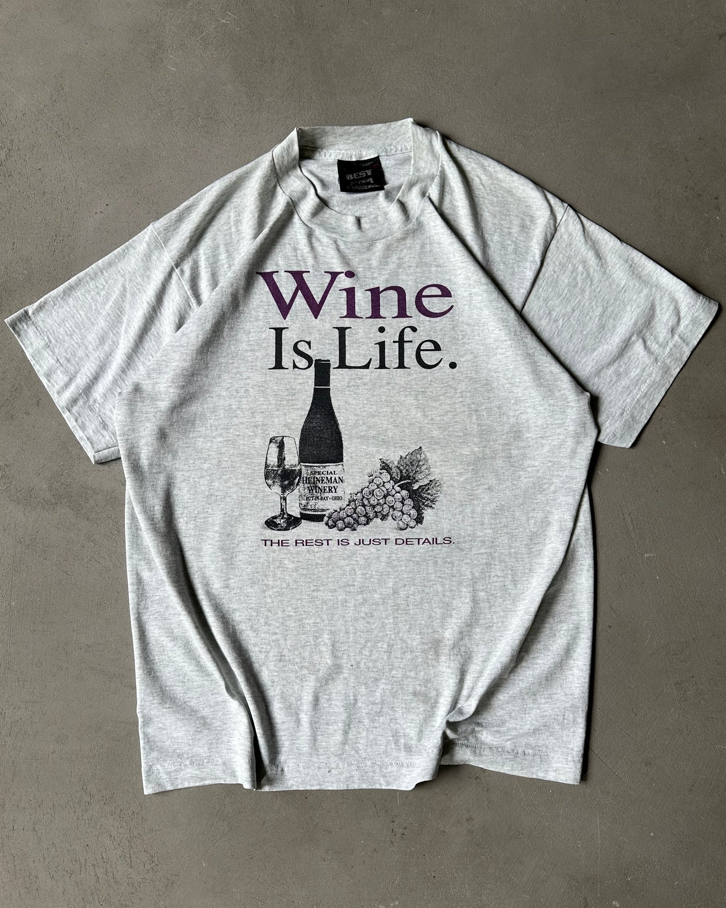 1990s - Ash Grey Wine Is Life T-Shirt - L