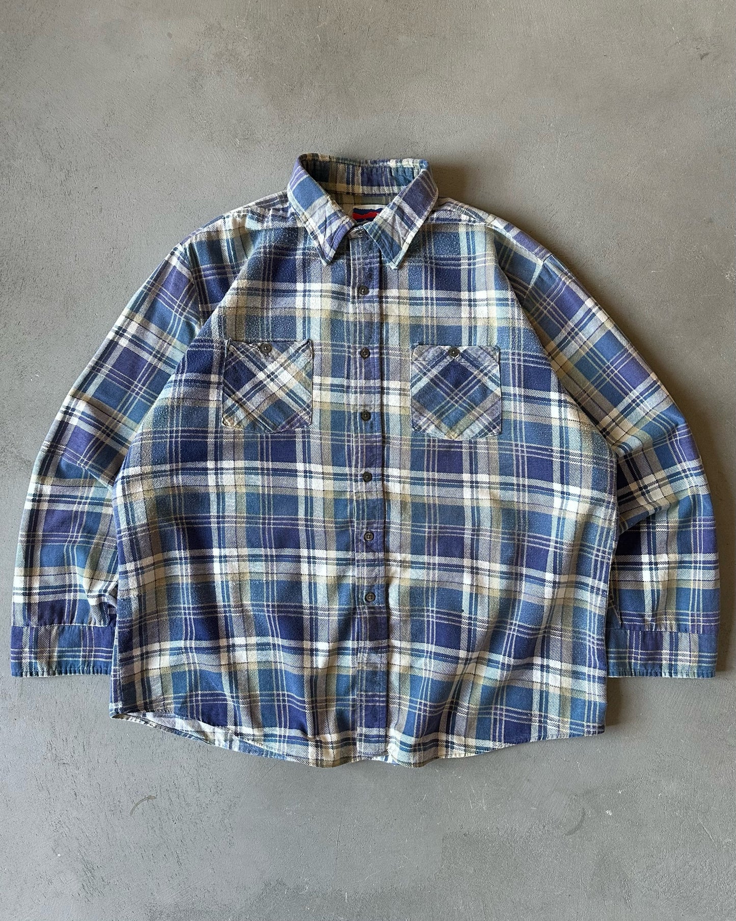 1990s - Blue/Tan Plaid Flannel - L