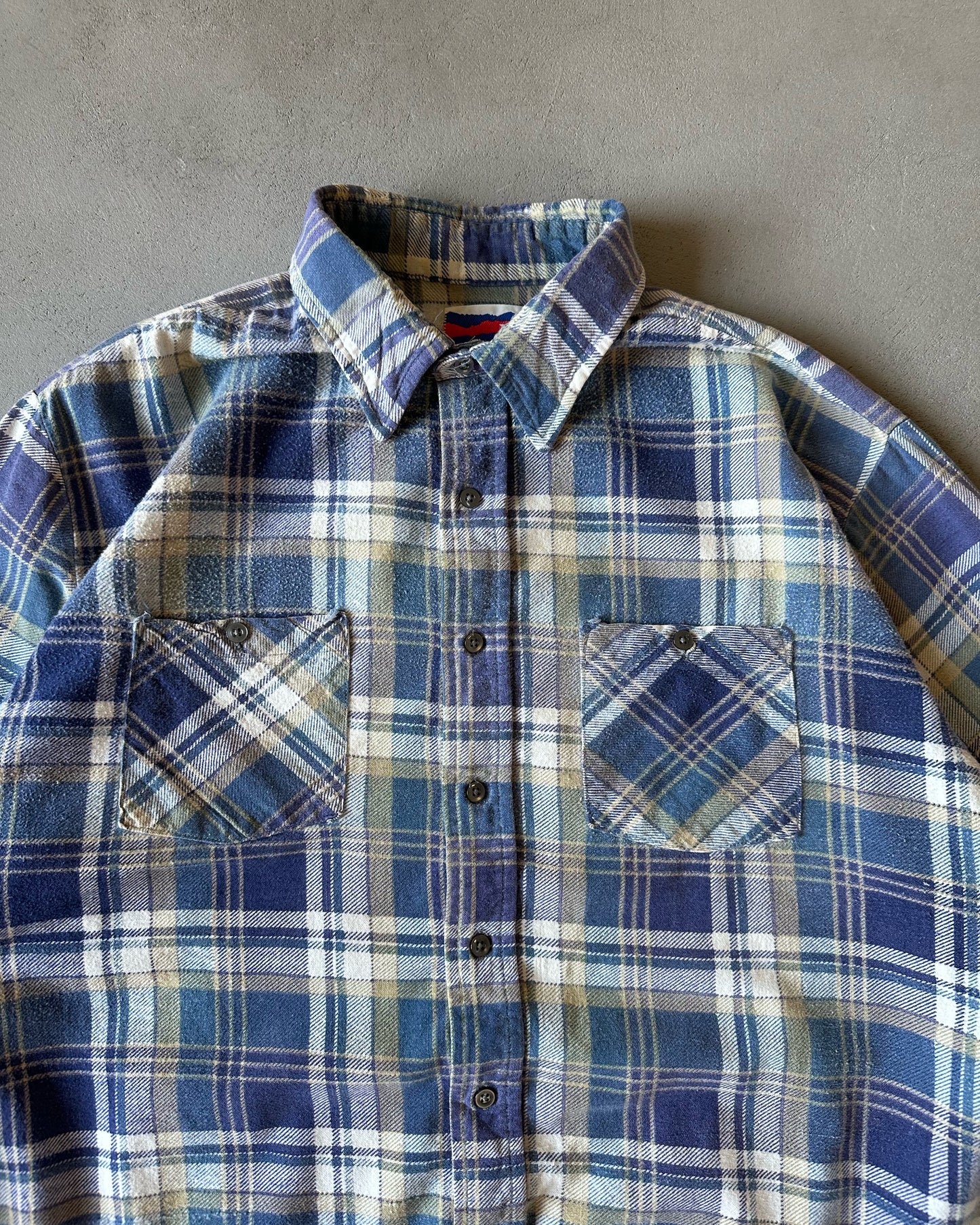 1990s - Blue/Tan Plaid Flannel - L