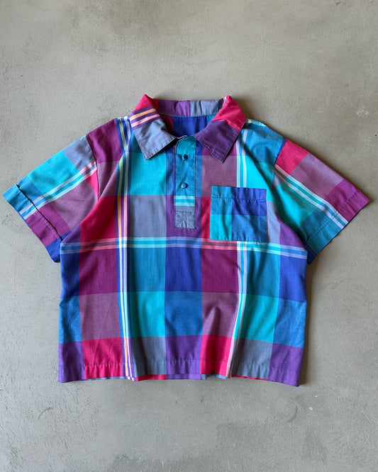 1980s - Pink/Blue Plaid Cropped Shirt - M/L