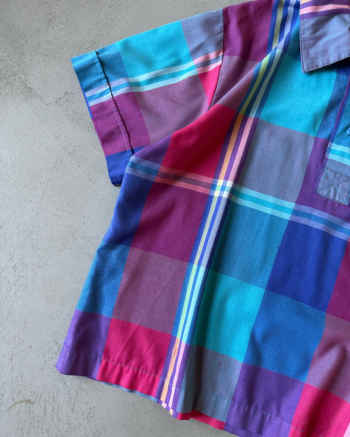 1980s - Pink/Blue Plaid Cropped Shirt - M/L