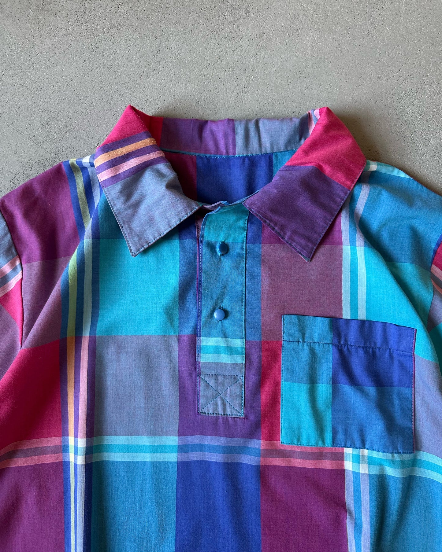 1980s - Pink/Blue Plaid Cropped Shirt - M/L