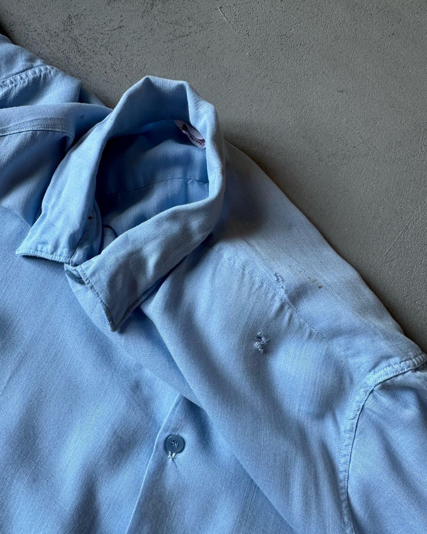 1970s - Distressed Spiegel Light Blue Cropped Shirt - M/L