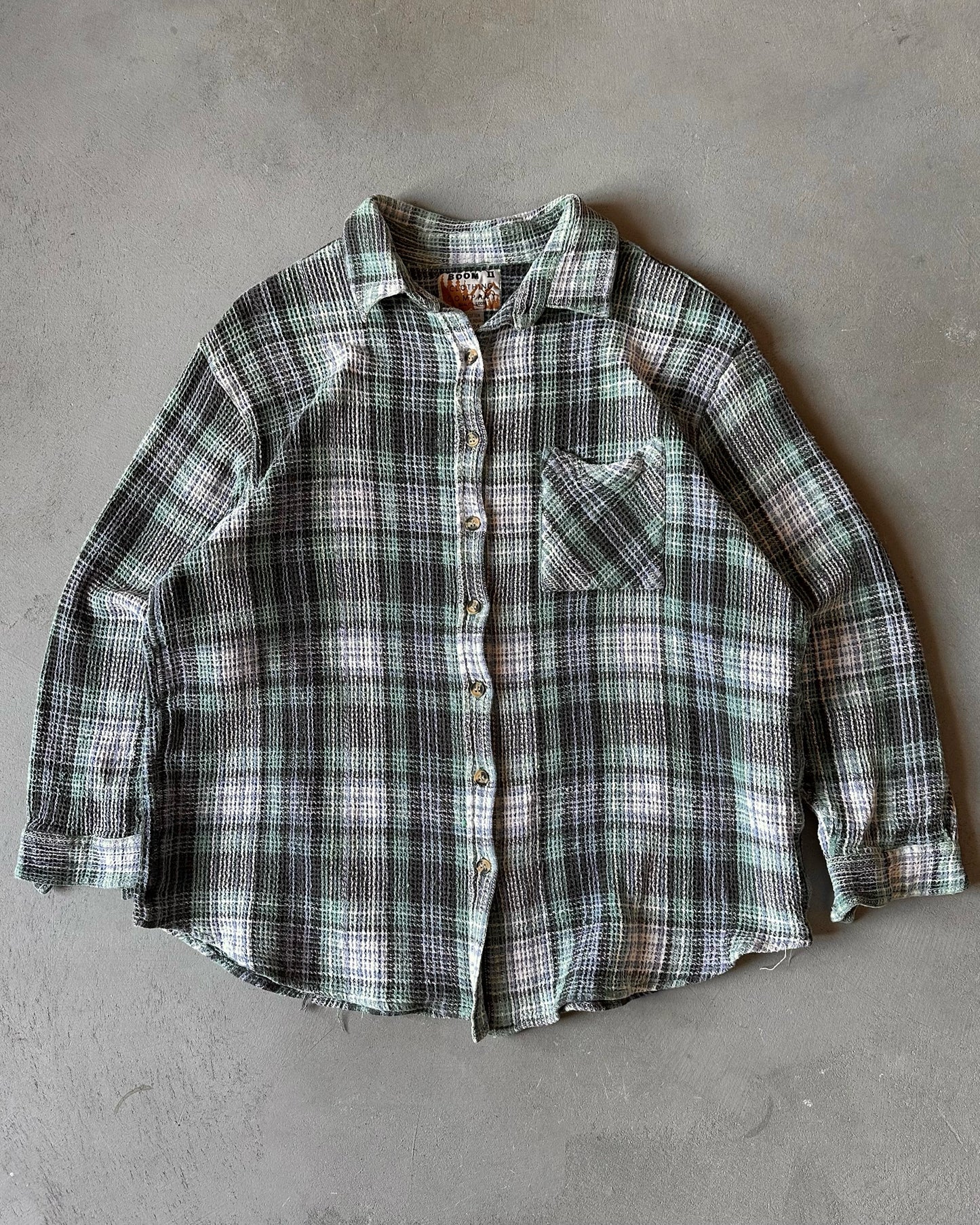 1990s - Green/Blue Waffle Plaid Women's Shirt - (W)M/L